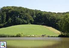 Teich mit hügeliger Landschaft im Morper Bachtal