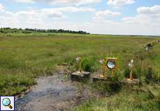 Entwässerungsgraben im Herfeldmoor mit der alten Flughafenbefeuerung in der Wahner Heide